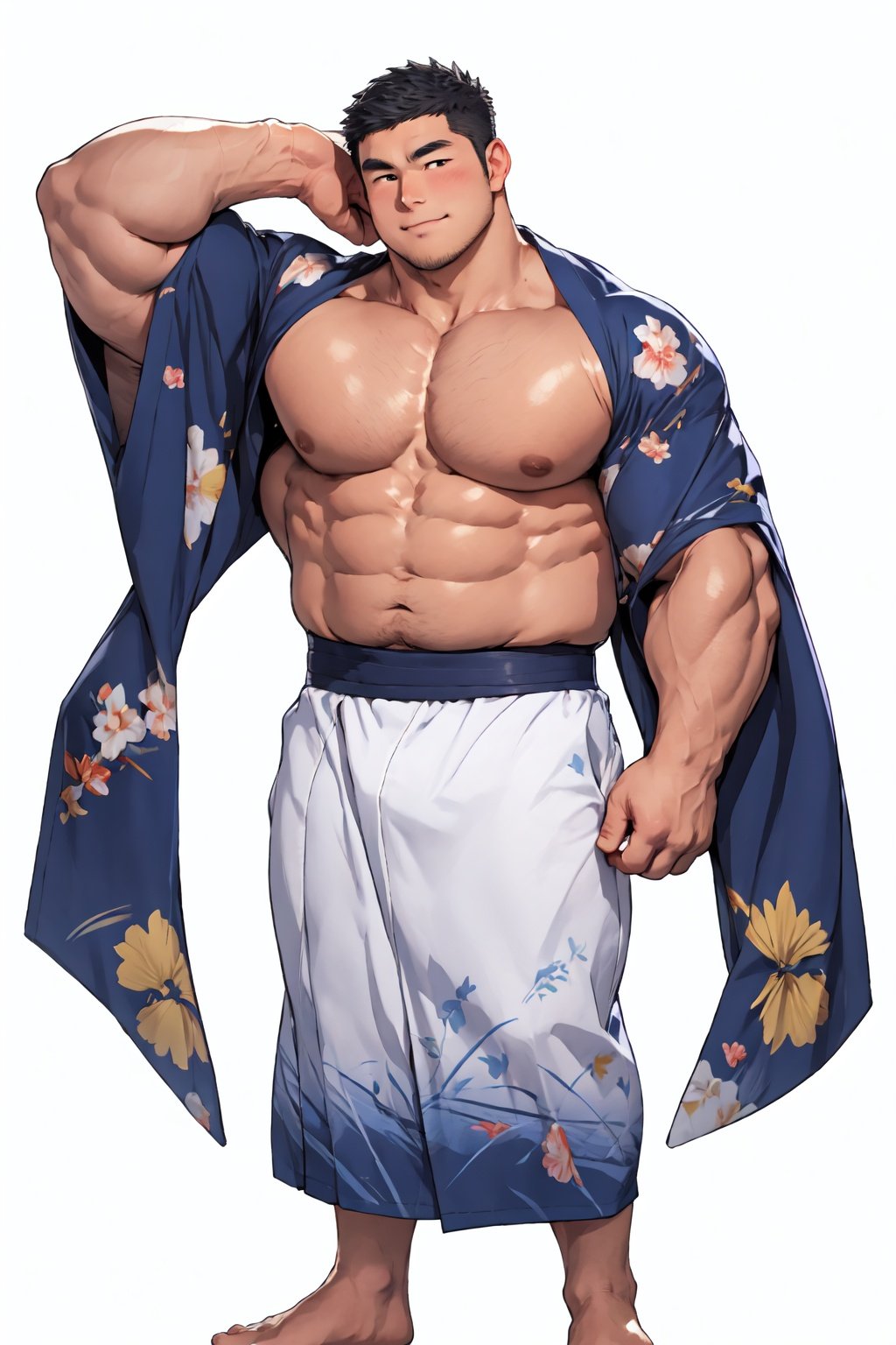  Masterpiece, anime,8k,best quality, minimalist, simple graphics, looking at viewer,A japanese man, cute man, round face, youth,(fat:1.2),300 pounds fat, short-hair ,topless,（open clothes),full body, gay, sexy, blushing, ,fairy tale style, Bathhouse background ,Muscular Male,THICK, ARMS,Bara,Thick arms,thick thighs,niji5, M-YUKATA