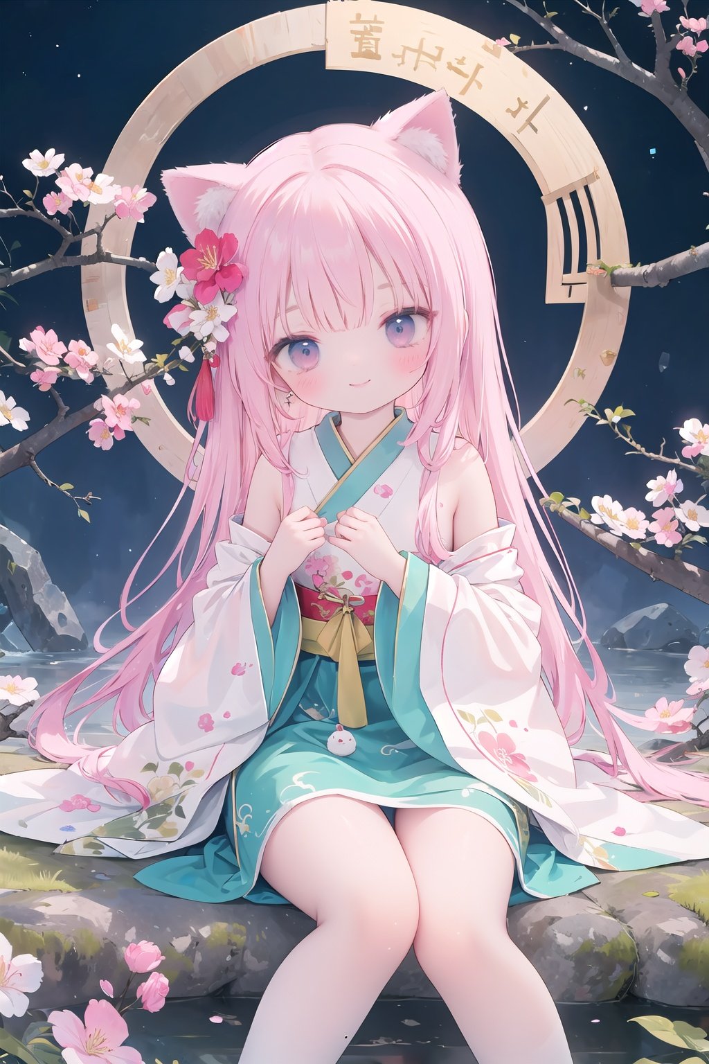  Branches, night, trees, long hair, lap animals, jade shell, sit, round Windows, flowers, smiles, hair accessories, jewelry, in the tree, night sky, earrings, Chinese clothes, spring (season), pink flowers, Hanfu, sky, fortune (fate), very long hair, cat ears, sitting in the tree, hair flowers, stroke, blush, naked tree, wide sleeves, long sleeves