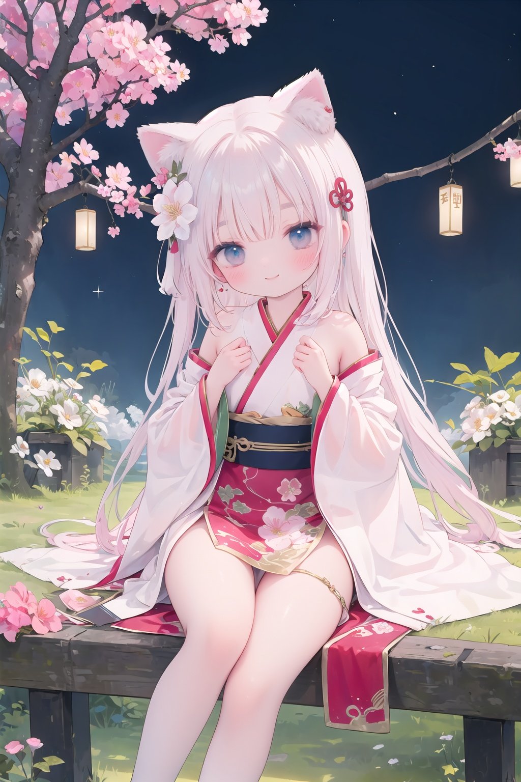  Branches, night, trees, long hair, lap animals, jade shell, sit, round Windows, flowers, smiles, hair accessories, jewelry, in the tree, night sky, earrings, Chinese clothes, spring (season), pink flowers, Hanfu, sky, fortune (fate), very long hair, cat ears, sitting in the tree, hair flowers, stroke, blush, naked tree, wide sleeves, long sleeves