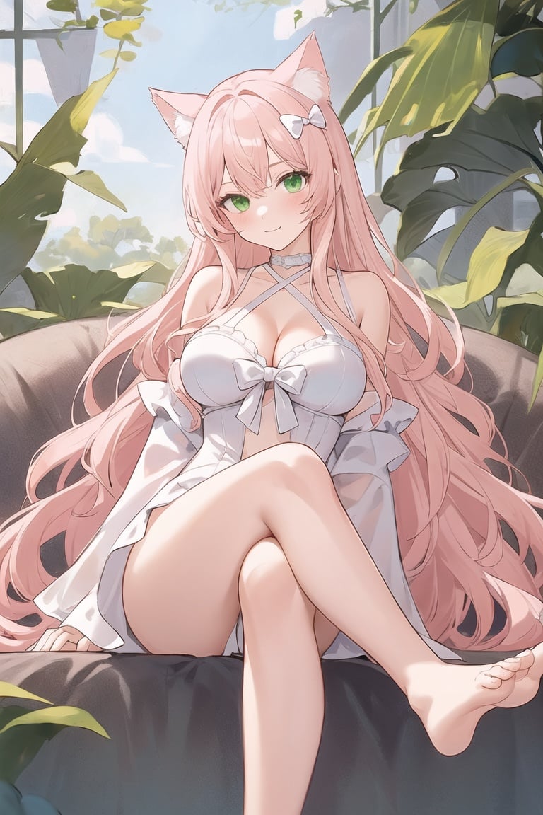 1 cat girl,(solo),(light pink hair),(big breasts),long wavy hair,cat ears,green eyes,white bow ornament,<lora:amiao:0.15>,sitting,barefoot,foot on viewer,crossed_legs,