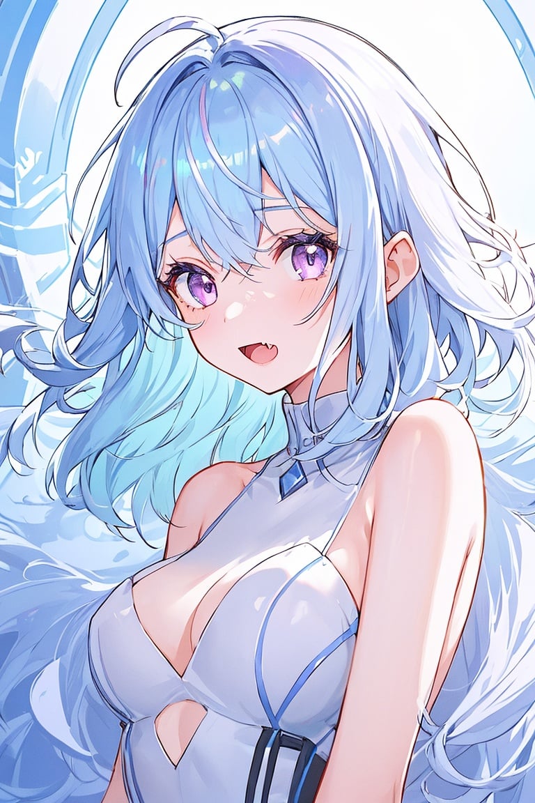 1 girl,medium hair,messy hair,hair intakes,swept bangs,(white hair:1.25),(light blue hair:1.2),(++iridescent color hair:1.25),(x-shaped ornament:1.1),(purple eyes),medium breasts,nsfw,fang,upper body,beautiful background,