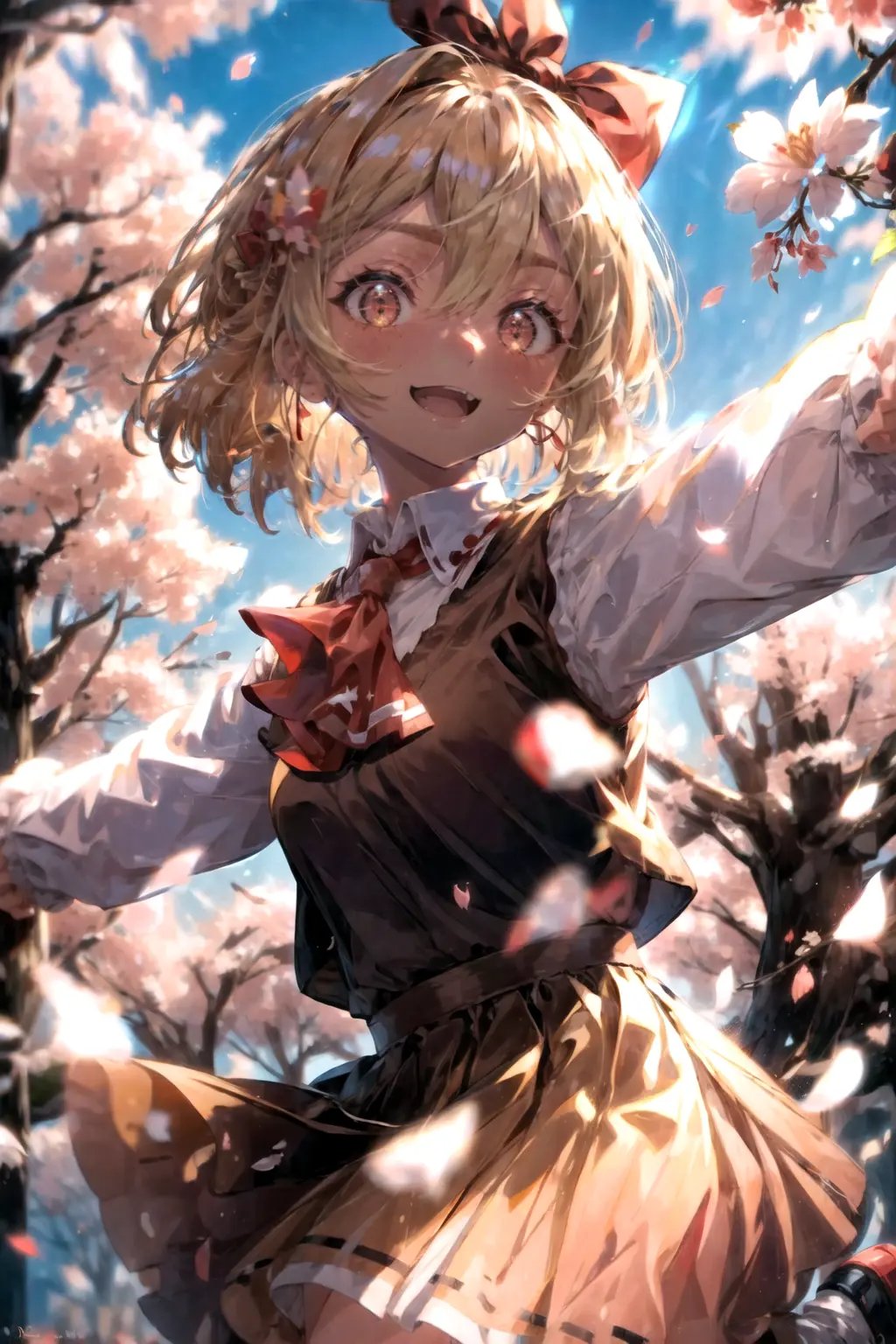 (masterpiece, best quality, detailed background, extremely detailed:1.5), BREAK 1girl, solo, (rumia, dress, red ascot, bow, short hair, :d, black fang, hair bow, spread arms, red eyes, bangs, collared shirt, red ribbon, ribbon, vest, long sleeves, skirt set, white shirt, black vest, darkness, necktie, shoes, hair ribbon, ascot, outstretched arms, blonde hair,:1.3), looking at viewer, sparkle, blush, upper body, claw pose, smile BREAK scenery, outdoors, sakura, cherry blossoms, falling petals, petals, cloud, sky BREAK depth of field, chromatic aberration, sidelighting, backlighting <lora:晖映(BG+LGHT):1>