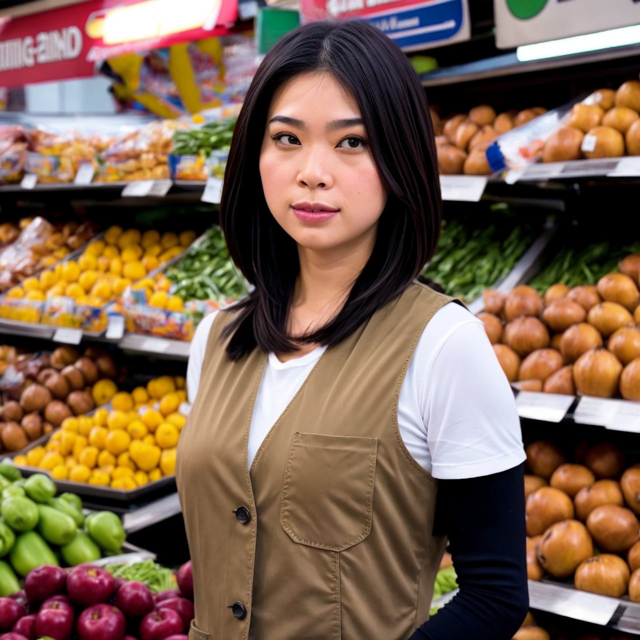 Blend of comic book art and lineart in full natural colors. In a bustling Southeast Asian market, an attractive Asian woman in her late 20s with shoulder-length dark hair wearing a green cargo vest and an attractive man in his early 30s with short-cropped brown hair and a stubble beard wearing a shirt in beige color accidentally bump into each other while following the same ancient
map.