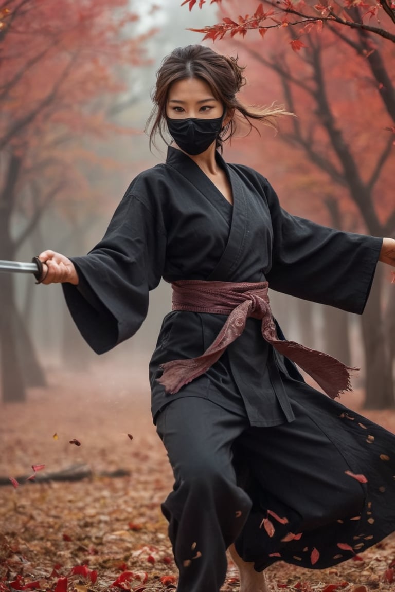 ninja woman, black karate gi, black face mask, brown hair flowing in wind,withered fruit, white karate belt, cleavage, bare feet, dirty feet, holding sword, blowing autumn leaves, in autumn cherry forest, (dragon_head:1.4), smoke, sandstorm, flying stone, dust explosion, wind, motion blur, realistic, shot on a RED digital cinematic camera, Sigma 85mm f/1.4, pores, highly detailed skin, goosebumps, highly detailed hair, fine fabric thread detail, embroidered silk clothing, filagree, full body framing, 