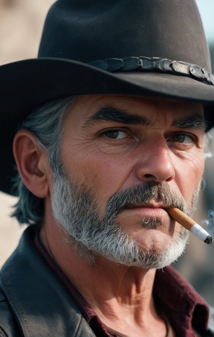 1man, grey hair, grey beard, smoking cigarette, cowboy hat, eye patch, head shot, shot on a RED digital cinematic camera, Sigma 85mm f/1.4, pores, highly detailed skin, goosebumps, highly detailed hair, fine fabric thread detail,