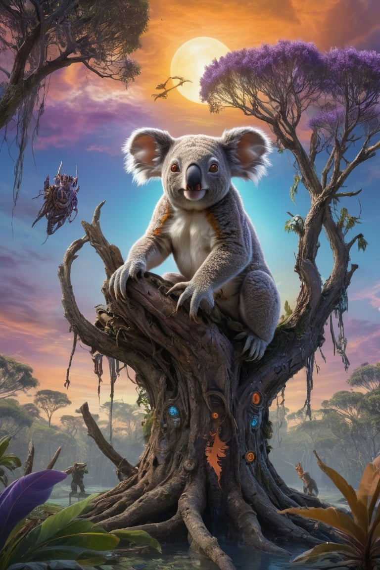 Mythical Koala, on last eucapyptis tree on swamp planet, surrounded by alien cyborg quaripeds that look like yoda mixed with a horse mixed with a squid, blue sun, purple sky, orange clouds, 
















glowing eyed tigers, 3+ tigers, surrounded by tigers, in highly detailed jungle environment, 