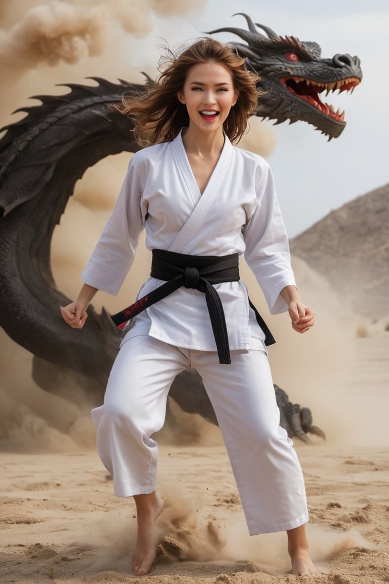 ninja woman, black karate gi, lips smiling, red lips, brown hair, flowing in wind, white karate belt, cleavage, bare feet, dirty feet, (dragon_head:1.4), smoke, sandstorm, flying stone, dust explosion, wind, motion blur, realistic, shot on a RED digital cinematic camera, Sigma 85mm f/1.4, pores, highly detailed skin, highly detailed hair, fine fabric thread detail, full body framing, 