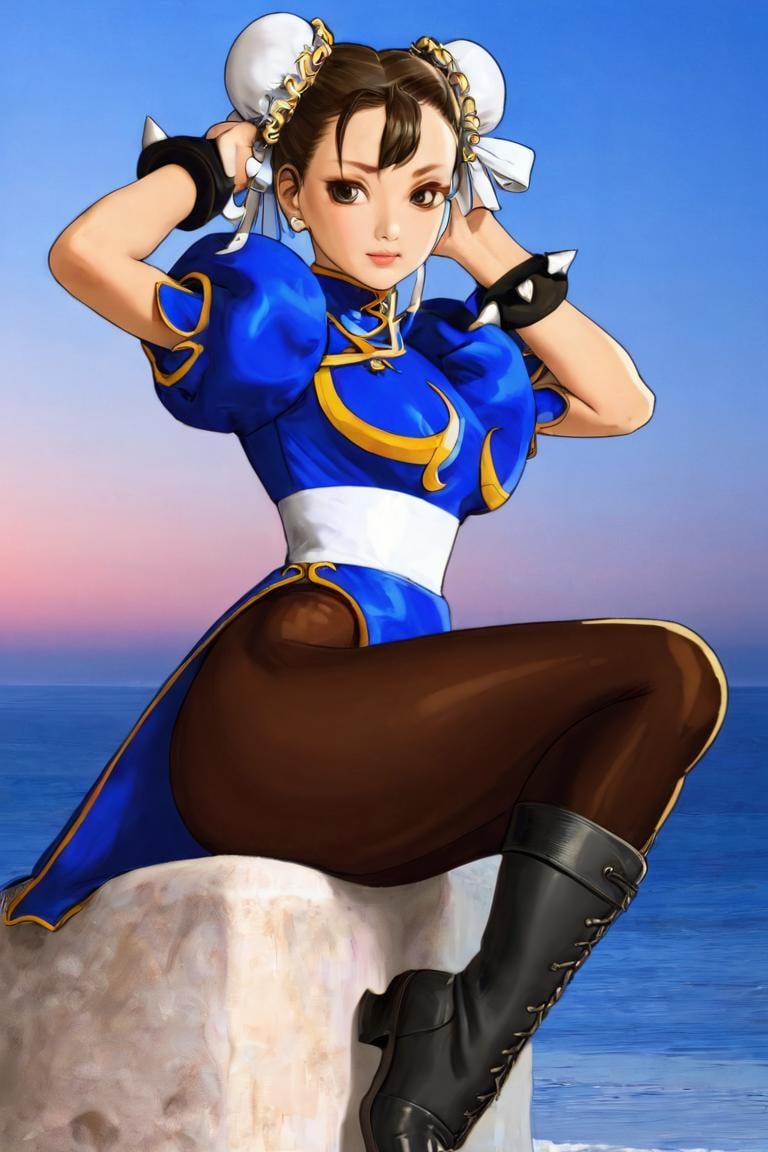 SF2CL,  adult woman,  1girl,  hair bun,  double buns,  qipao, blue dress,  puffy sleeves,  short sleeves,  ribbon,  white belt,  black leggings,  boots,  bracelets,  beach,  sunset,  sea , detailmaster2, <lora:EMS-68981-EMS:0.950000>, , <lora:EMS-53559-EMS:-0.500000>