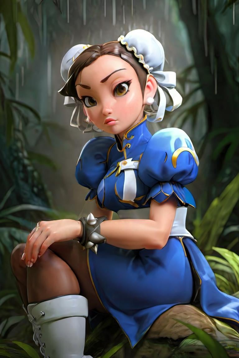 SF2CL,  hair bun,  double buns,  qipoa, blue dress,  puffy sleeves,  short sleeves,  ribbon,  white belt,  leggings,  boots,  bracelet,  sitting,  tropical forest,  rain,  cinematic lighting,  detailed face,  detailed eyes,  masterpiece,  high_res,  perfect face,  , High detailed, <lora:EMS-68981-EMS:0.950000>