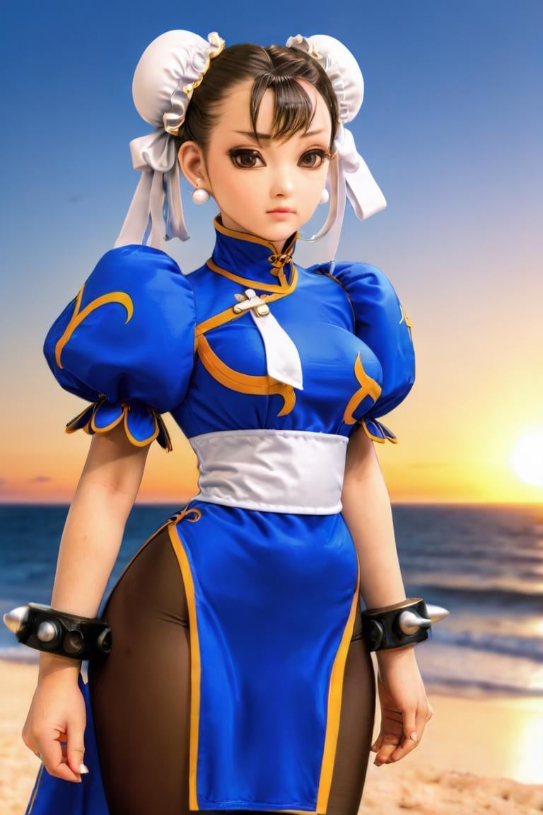 SF2CL,  hair bun,  double buns,  qipoa, blue dress,  puffy sleeves,  short sleeves,  ribbon,  white belt,  black leggings,  boots,  bracelets,  beach,  sunset,  sea , detailmaster2, <lora:EMS-68981-EMS:0.950000>, , <lora:EMS-52717-EMS:0.800000>