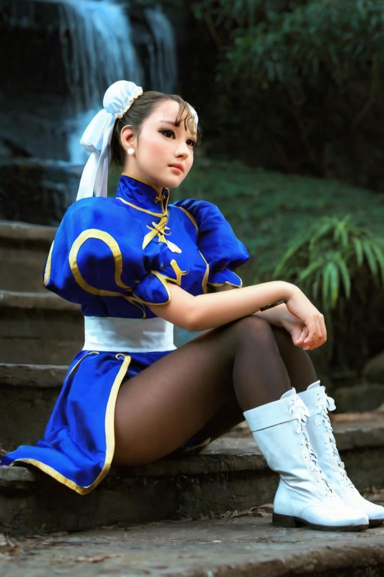 SF2CL,  hair bun,  double buns,  qipoa, blue dress,  puffy sleeves,  short sleeves,  ribbon,  white belt,  leggings,  boots,  bracelet,  sitting,  waterfall,  cinematic lighting,  detailed face,  detailed eyes,  masterpiece,  high_res,  perfect face,  , High detailed, <lora:EMS-68981-EMS:0.950000>