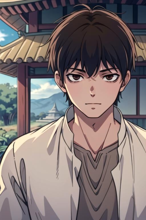 masterpiece, best quality, game cg, 1boy, solo, male focus, looking at viewer, , depth of field, , realistic, <lora:yukito_urabe:0.76>, yukito_urabe, black hair, brown eyes, sanpaku, , , , pagoda,