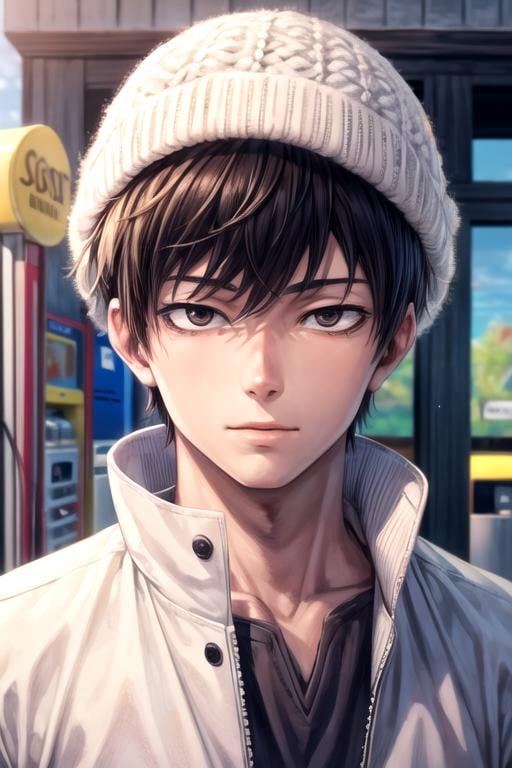 masterpiece, best quality, photorealistic, 1boy, solo, male focus, looking at viewer, , depth of field, , , <lora:yukito_urabe:0.66>, yukito_urabe, black hair, brown eyes, sanpaku, , , ski hat, gas station, High definition