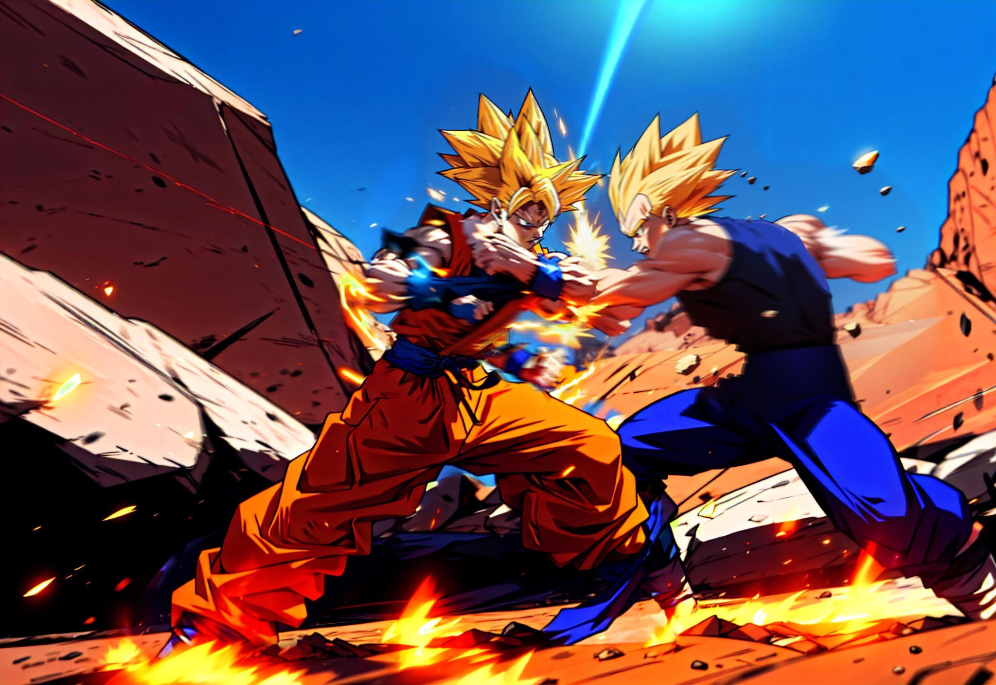 <lora:fight_scene:0.6> fight scene dynamic pose, motion blur, emphasis line, sparks, plasma, aura, night scene, ((punching))  <lora:son_goku:1> <lora:dbz_vegeta:1>