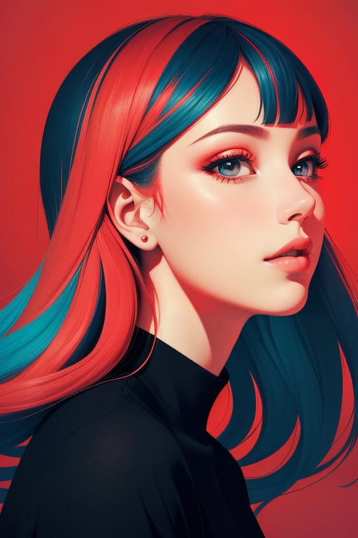 a girl, illustration, cover art, (((red))), portrait, rim light, red background,  abstract shapes, colorful,
