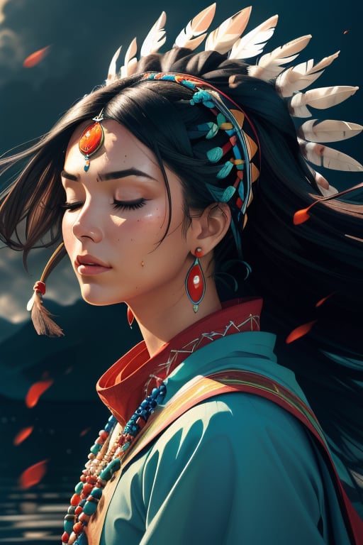 (full portrait, half shot), ((solo)), detailed background, detailed face, wise, (female), (indian, shaman, native american), headdress, mystical, long black hair, braids, (gorgeous face), head tilted upwards, (eyes closed, serene expression), calm, meditating, Seafoam Green frayed clothes, prayer beads, tribal jewelry, feathers, jade, obsidian, detailed clothing, realistic skin texture, (floating particles, water swirling, embers, ritual, whirlwind, wind), foreboding atmosphere, sharp focus, perfect lighting, perfect shading, volumetric lighting, good highlights, good shading, subsurface scattering, intricate, highly detailed, perfect body, (mature adult:1.37), ((cinematic)), dramatic, beautiful, gorgeous, stunning, (highest quality, award-winning, masterpiece:1.35), (comic style), (line art:1.35) 
