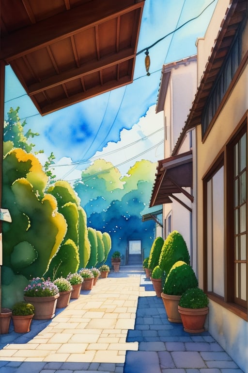 light watercolor, outside of a coffeeshop, bright, white background, few details, dreamy, Studio Ghibli