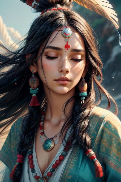 (full portrait, half shot), ((solo)), detailed background, detailed face, wise, (female), (indian, shaman, native american), headdress, mystical, long black hair, braids, (gorgeous face), head tilted upwards, (eyes closed, serene expression), calm, meditating, Seafoam Green frayed clothes, prayer beads, tribal jewelry, feathers, jade, obsidian, detailed clothing, realistic skin texture, (floating particles, water swirling, embers, ritual, whirlwind, wind), foreboding atmosphere, sharp focus, perfect lighting, perfect shading, volumetric lighting, good highlights, good shading, subsurface scattering, intricate, highly detailed, perfect body, (mature adult:1.37), ((cinematic)), dramatic, beautiful, gorgeous, stunning, (highest quality, award winning, masterpiece:1.35), <lora:totempunkai_v20:0.4>, (comic style), (line art:1.35) <lora:more_details:1>