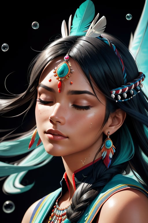 (full portrait, half shot), ((solo)), detailed background, detailed face, wise, (female), (indian, shaman, native american), headdress, mystical, long black hair, braids, (gorgeous face), head tilted upwards, (eyes closed, serene expression), calm, meditating, Seafoam Green frayed clothes, prayer beads, tribal jewelry, feathers, jade, obsidian, detailed clothing, realistic skin texture, (floating particles, water swirling, embers, ritual, whirlwind, wind), foreboding atmosphere, sharp focus, perfect lighting, perfect shading, volumetric lighting, good highlights, good shading, subsurface scattering, intricate, highly detailed, perfect body, (mature adult:1.37), ((cinematic)), dramatic, beautiful, gorgeous, stunning, (highest quality, award-winning, masterpiece:1.35), (comic style), (line art:1.35) 
