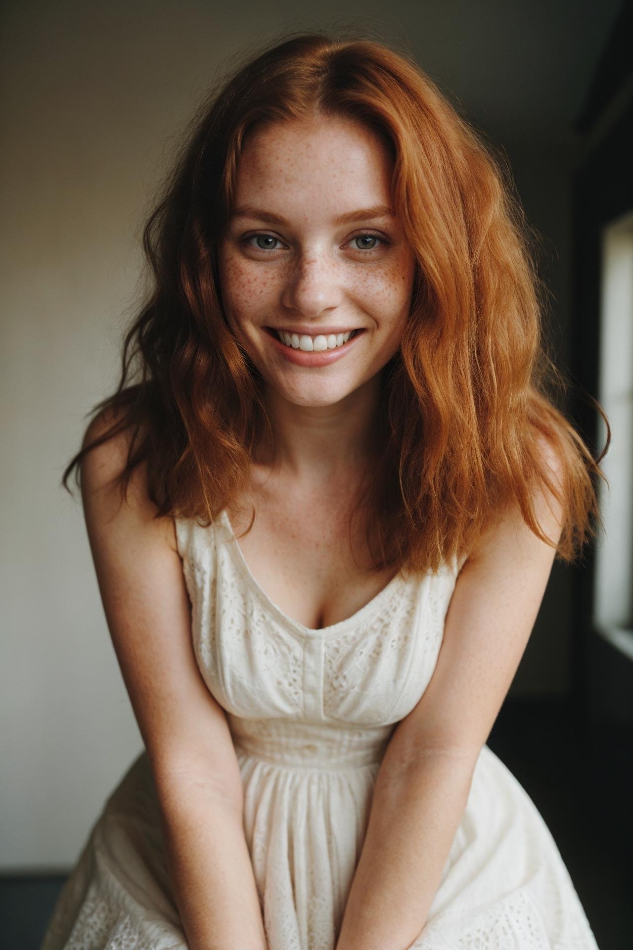 beautiful average looking woman, smiling, white teeth, dress, (looking at the camera:1.4), (highest quality), (best shadow), intricate details, interior, ginger hair:1.3, dark studio, muted colors, freckles