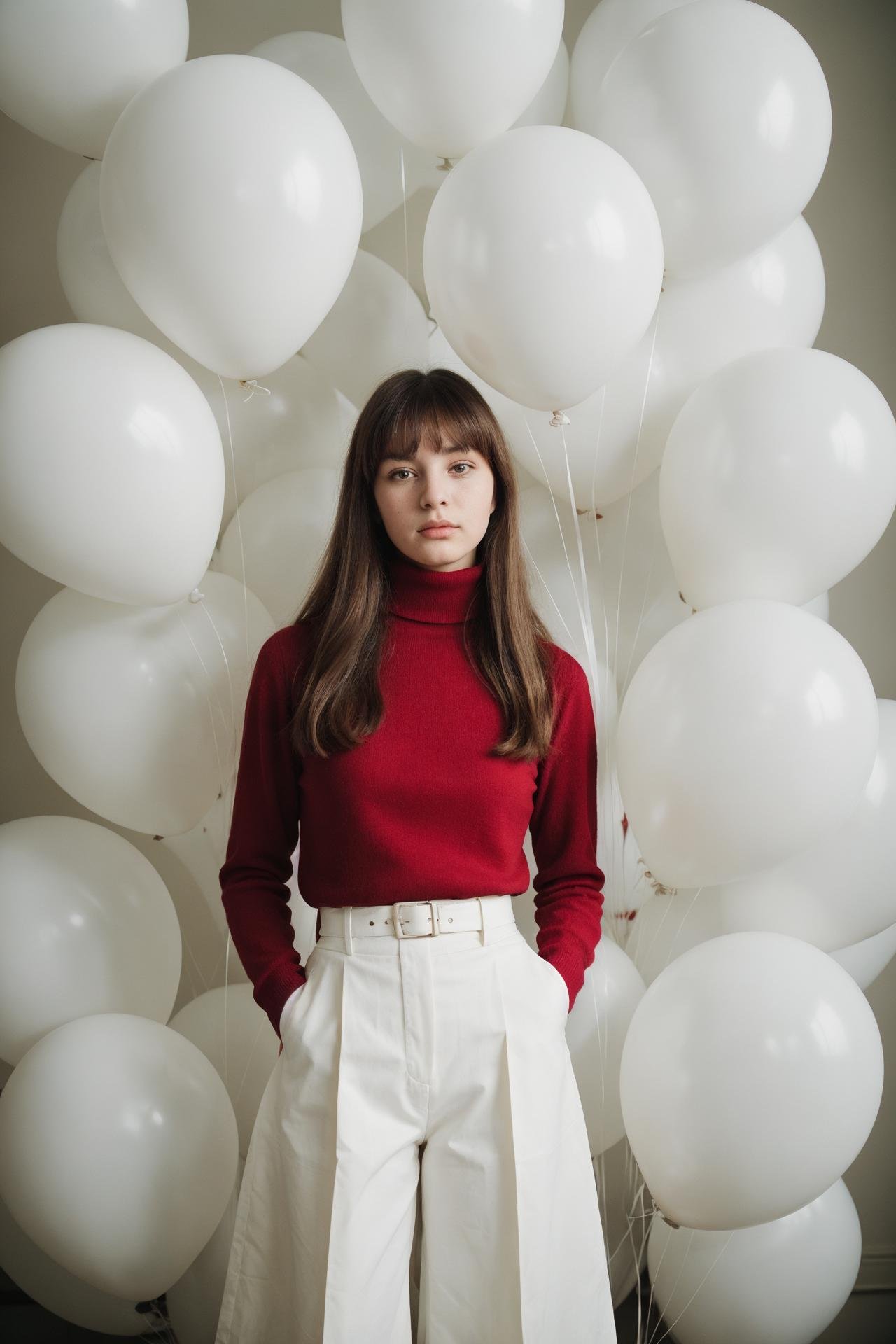 fashion portrait photo of beautiful young woman from the 60s wearing a red turtleneck standing in the middle of a ton of white balloons, taken on a hasselblad medium format camera