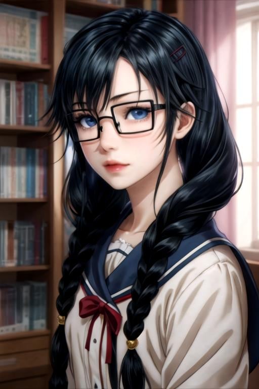 masterpiece, best quality, game cg, 1girl, solo, looking at viewer, upper body, , anime coloring, realistic, <lora:sumireko_sanshokuin:0.74>, sumireko_sanshokuin, black hair, blue eyes, twin braids, , glasses, , , ancient rome,