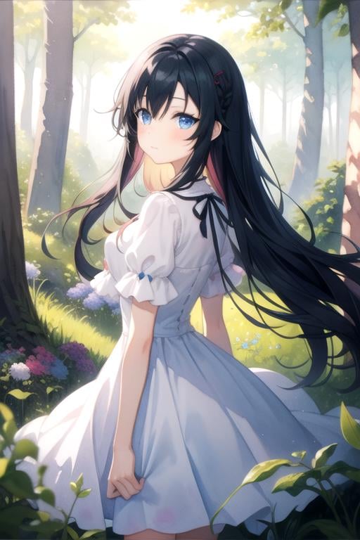 masterpiece, best quality, , 1girl, solo, looking at viewer, , , (watercolor illustration, soft pastel colors:1.1), , <lora:sumireko_sanshokuin:0.70>, sumireko_sanshokuin, black hair, blue eyes, long hair, , The Forest of Mirrors: A place where reality is distorted and nothing is as it seems, 2k resolution