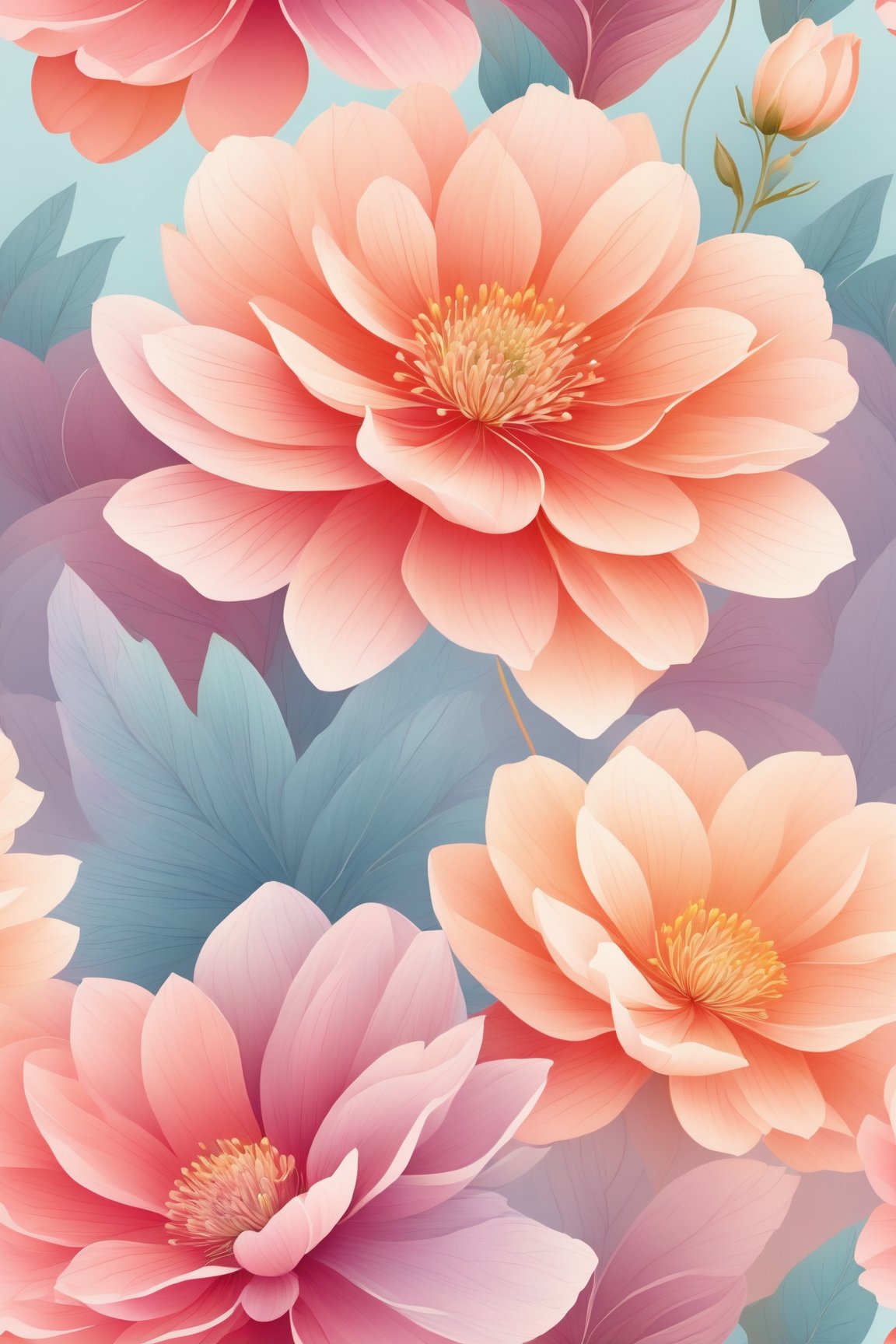 (best quality, highres, ultra-detailed),vector illustration,flower,pastel colors,soft shadows,blooming petals,delicate stems,fresh and vibrant,botanical inspiration,dreamy atmosphere,artistic details,nature-inspired,subtle gradients,fine lines,detailed texture,garden beauty