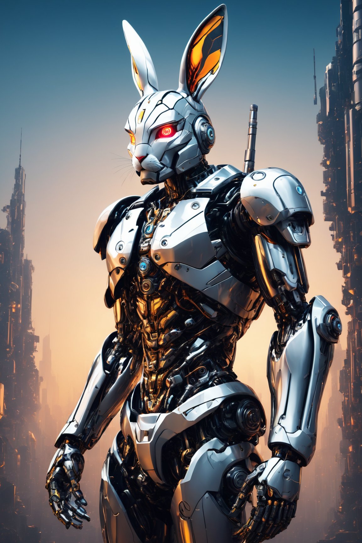 Create an (8K, high-definition resolution) vector illustration of a (male cyborg) in a (standing position). The composition should achieve (perfect centralization) with the character (Donnie's rabbit) by his side. The cyborg is (centered) and (facing the camera) with a gaze that signifies (nearing perfection). Yet, there's a sense of (sadness) and (despair) evident in his expression. The illustration should depict the cyborg's (full body) with his (hands on his head), conveying an (abstract beauty) in a (dynamic) and (highly detailed) style. The image should have (smooth) and (sharp focus) to capture intricate details, creating an impressive and emotionally charged piece of (illustration).