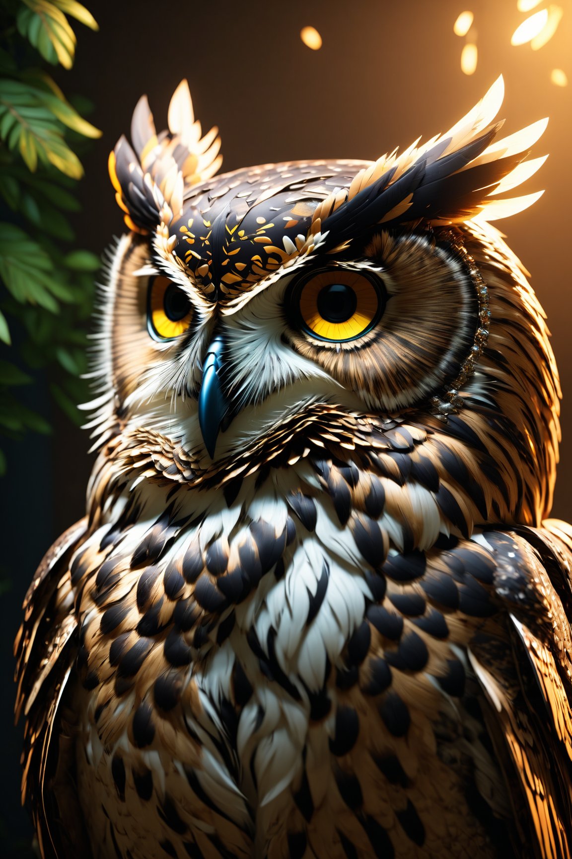 (best quality, 3D, high-res), (cinematic lighting, octane render), Behold a stunning 3D masterpiece featuring an intricately detailed owl with a decorative headdress, illuminated by cinematic lighting, and rendered with the exquisite precision of Octane Render.