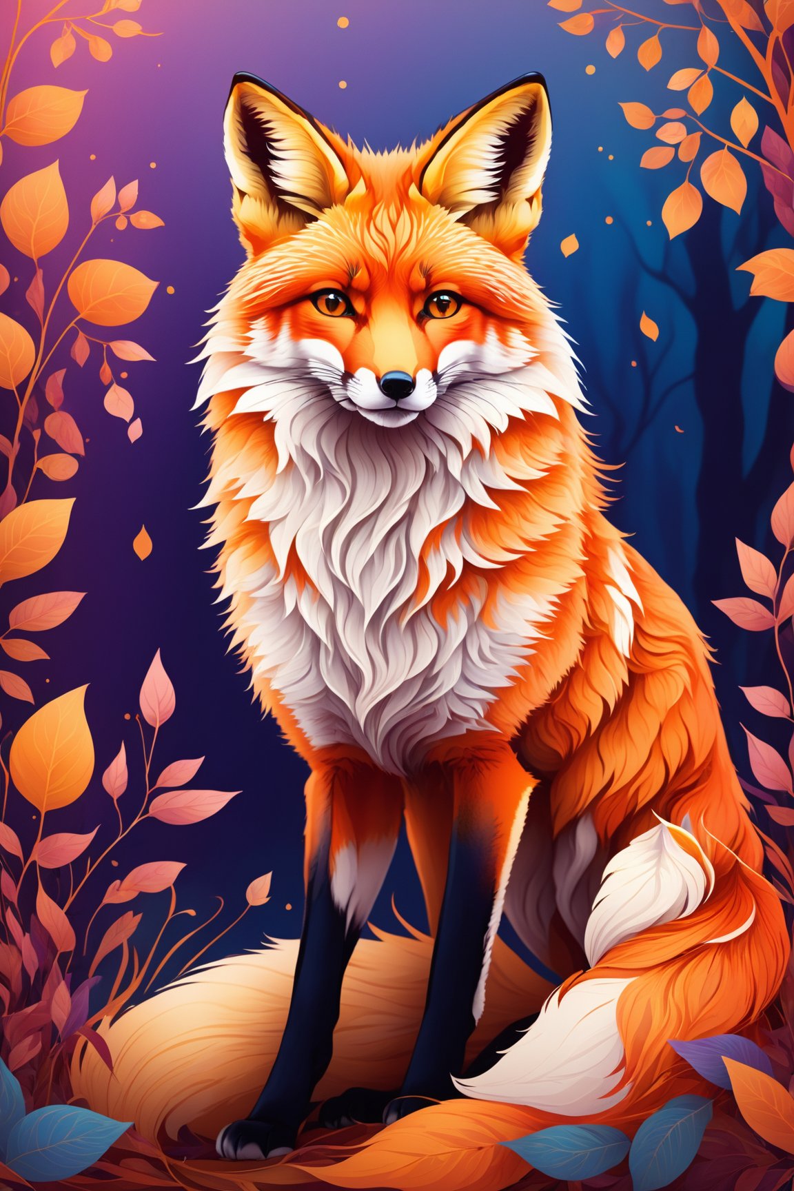vector illustration, fox, beautiful detailed eyes, fluffy fur, vibrant colors, playful expression, whimsical background, best quality, 4k, vivid colors, bokeh, studio lighting, art nouveau style, warm color tones, soft and gentle lighting