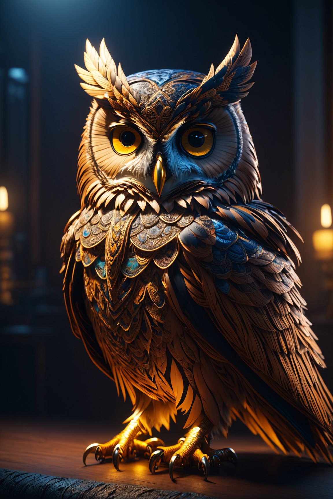 (best quality, 3D, high-res), (cinematic lighting, octane render), Behold a stunning 3D masterpiece featuring an intricately detailed owl with a decorative headdress, illuminated by cinematic lighting, and rendered with the exquisite precision of Octane Render.