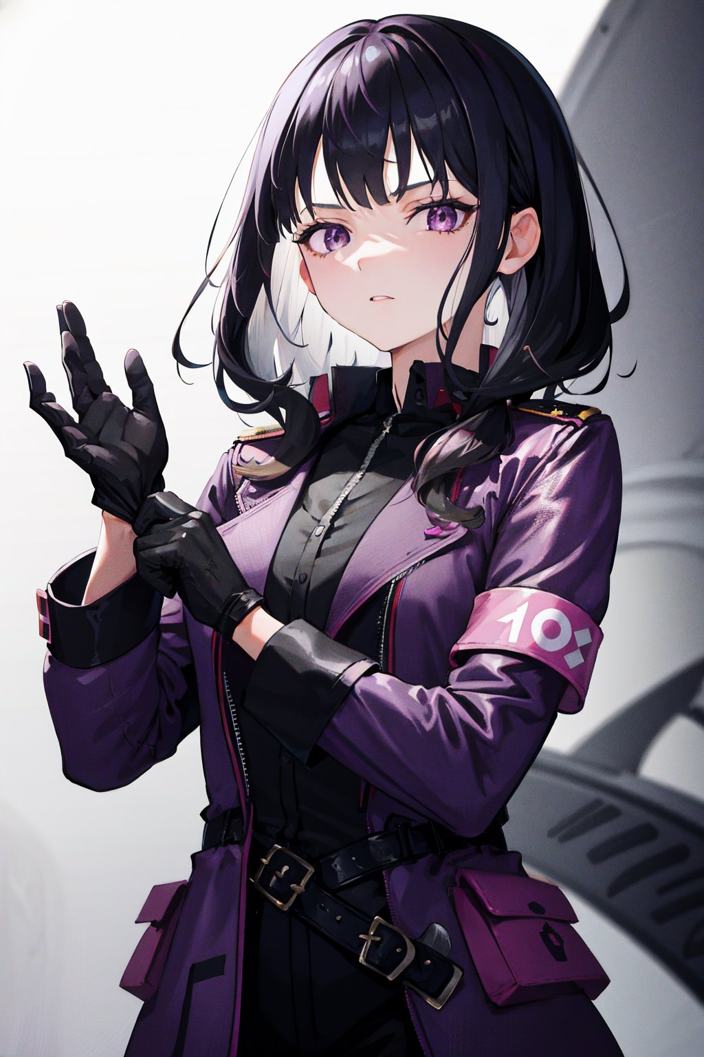 1girl, medium black hair, wave hair, bangs, purple eyes, detective outfit, gloves, adjusting gloves