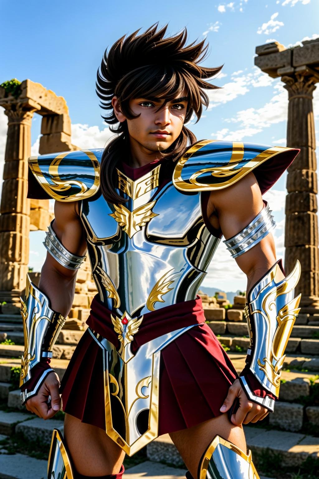 <lora:xxseiyapegasus_v1:0.7> xxseiyapegasusxxmasterpiece, highly detailed photorealistic 8k raw photo, best cinematic quality, volumetric lighting and shadowsshort brown hair man in xxsaintclothxx armor, spiked hair, brown eyes, headwear, helmet, fingerless gloves, red outfit under the armor, fighting stanceGreek temple ruins background