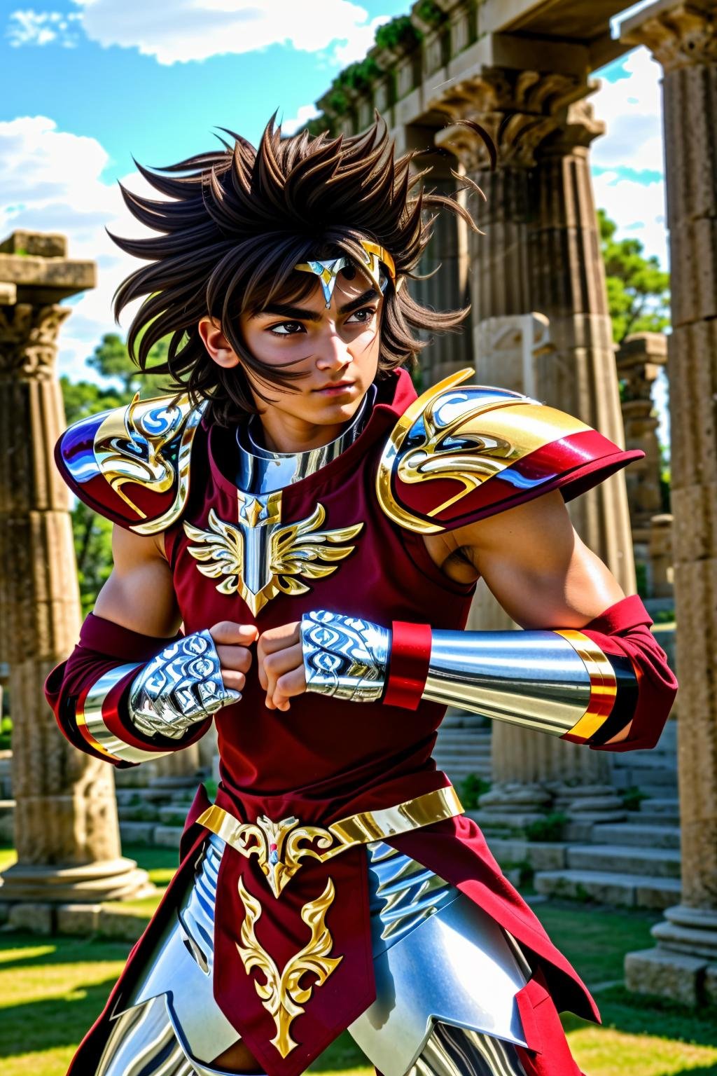 <lora:xxseiyapegasus_v1:0.8> xxseiyapegasusxxmasterpiece, highly detailed photorealistic 8k raw photo, best cinematic quality, volumetric lighting and shadowsshort brown hair man in xxsaintclothxx armor, spiked hair, brown eyes, headwear, helmet, fingerless gloves, red outfit under the armor, fighting stanceGreek temple ruins background