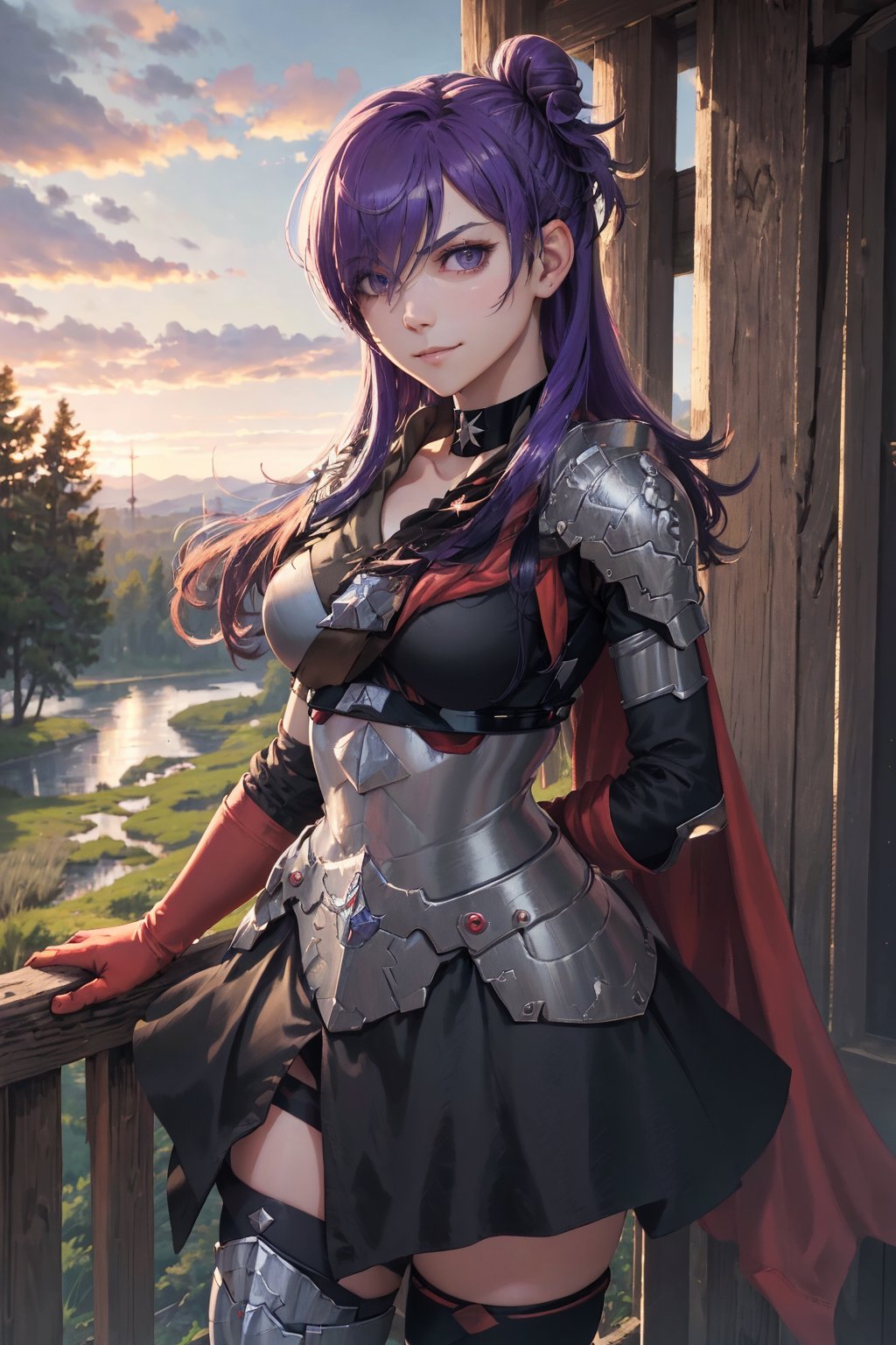 masterpiece, best quality, 1girl, shez, upper body, hair over one eye, choker, armor, cape, black dress, single glove, thighhighs, standing, upper body, large breasts, furrowed brow, smile, trees, clouds, sky, dusk sky