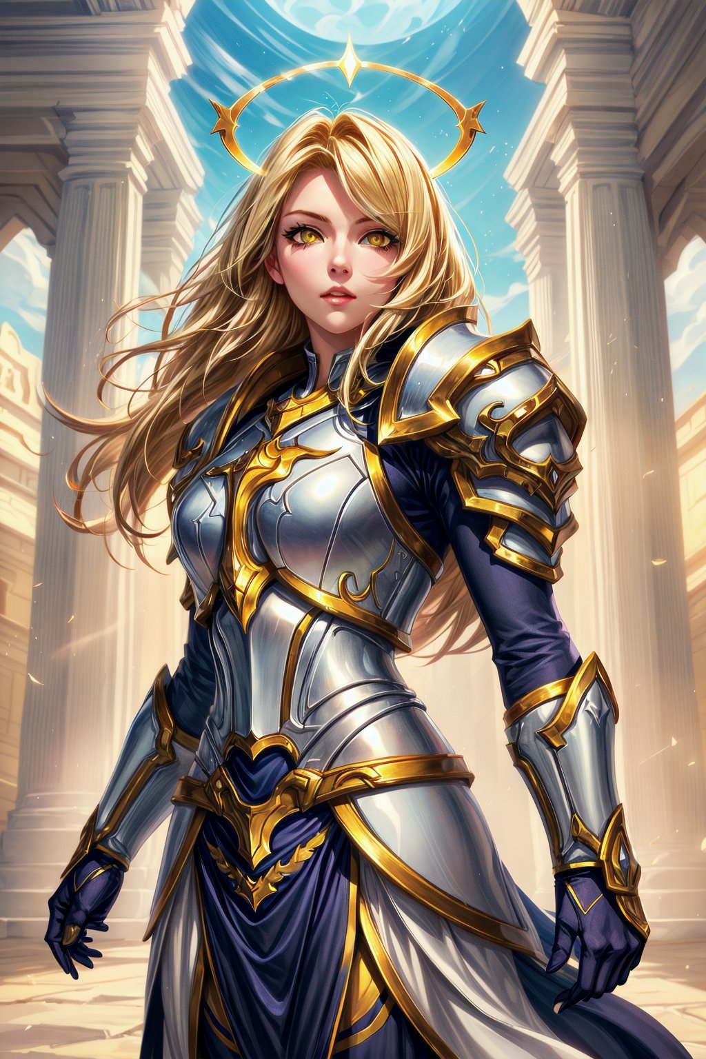 1girl, cowboy shot of beautiful paladin, yellow eyes, windblown long blonde hair, white heavy armor, sword, pauldrons, glowing halo, temple indoors, volumetric lighting, best quality, masterpiece