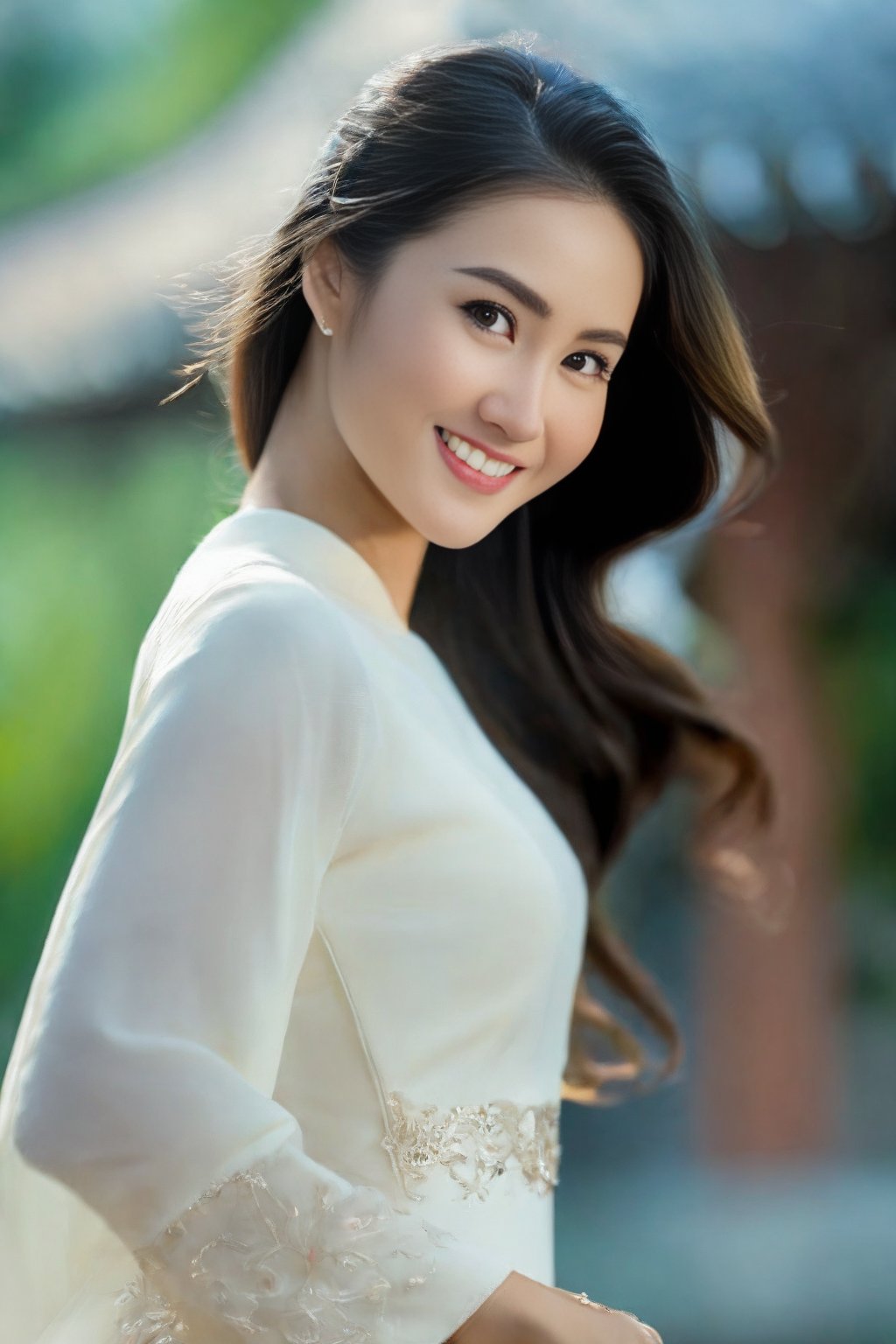 (Masterpiece, best quality, ultra realistic,32k, RAW photo, detail skin, 8k uhd, dslr, high quality, film grain:1.5),1girl, white ao dai, pants, long hair, looking at viewer, smile, black hair, long sleeves, dress, jewelry, standing, flower, earrings, outdoors, white dress, blurry, black eyes, blurry background, realistic, 16mm film live soft color