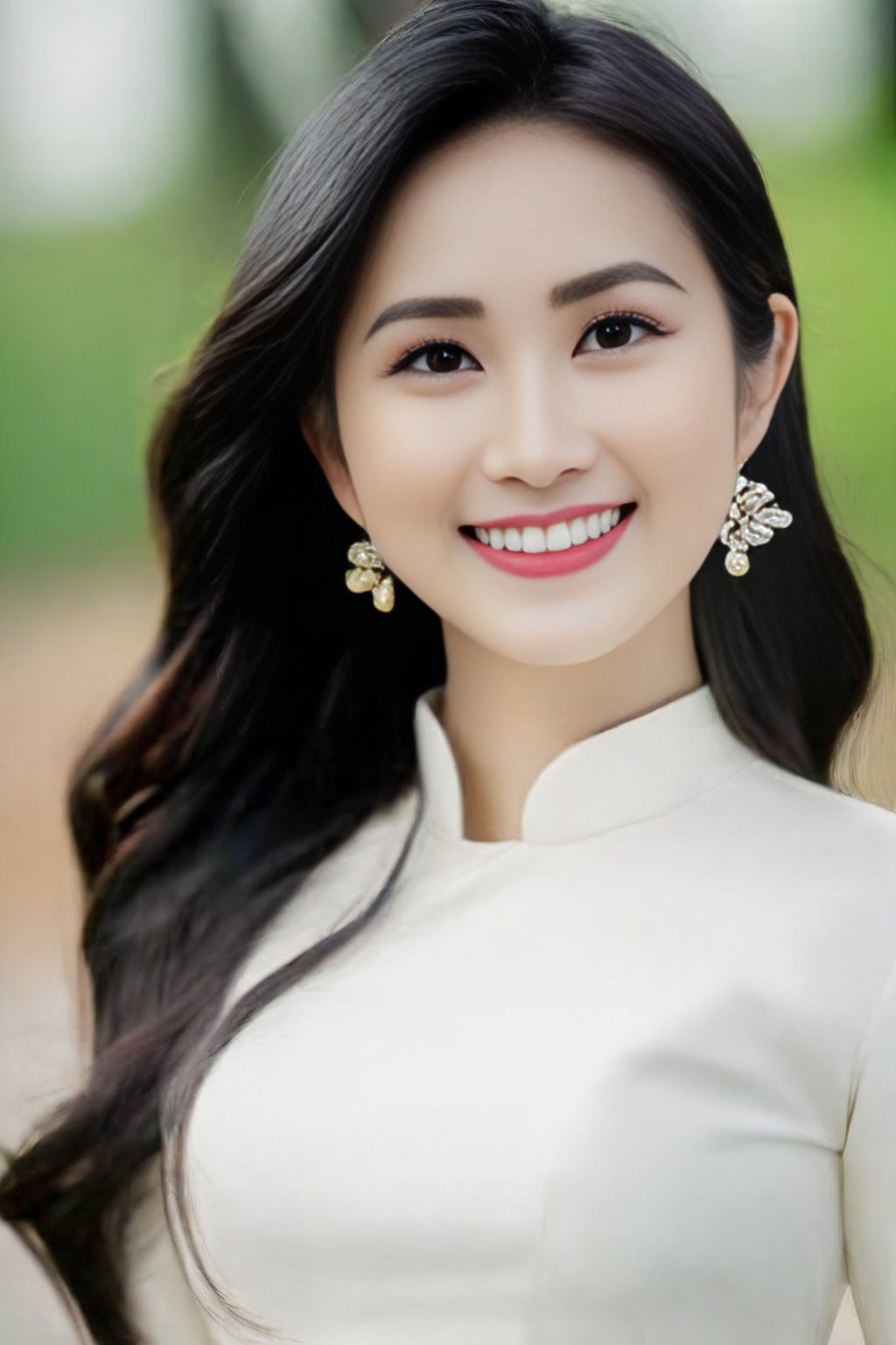 (Masterpiece, best quality, ultra realistic,32k, RAW photo, detail skin, 8k uhd, dslr, high quality, film grain:1.5),1girl, white ao dai, pants, long hair, looking at viewer, smile, black hair, long sleeves, dress, jewelry, standing, flower, earrings, outdoors, white dress, blurry, black eyes, blurry background, realistic, 16mm film live soft color