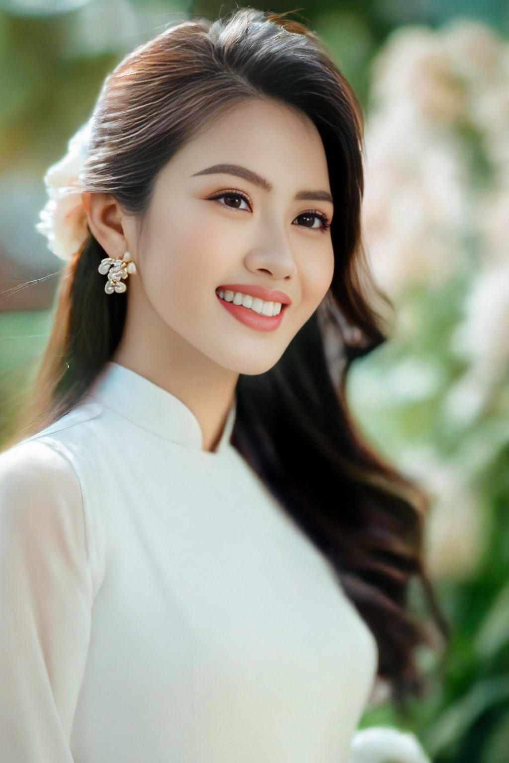 (Masterpiece, best quality, ultra realistic,32k, RAW photo, detail skin, 8k uhd, dslr, high quality, film grain:1.5),1girl, white ao dai, pants, long hair, looking at viewer, smile, black hair, long sleeves, dress, jewelry, standing, flower, earrings, outdoors, white dress, blurry, black eyes, blurry background, realistic, 16mm film live soft color