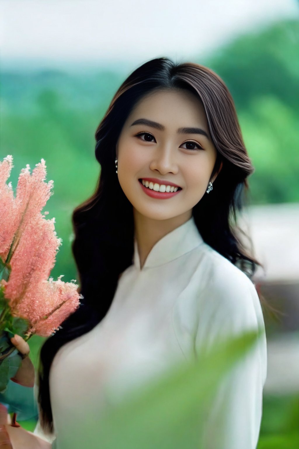 (Masterpiece, best quality, ultra realistic,32k, RAW photo, detail skin, 8k uhd, dslr, high quality, film grain:1.5),1girl, white ao dai, pants, long hair, looking at viewer, smile, black hair, long sleeves, dress, jewelry, standing, flower, earrings, outdoors, white dress, blurry, black eyes, blurry background, realistic, 16mm film live soft color