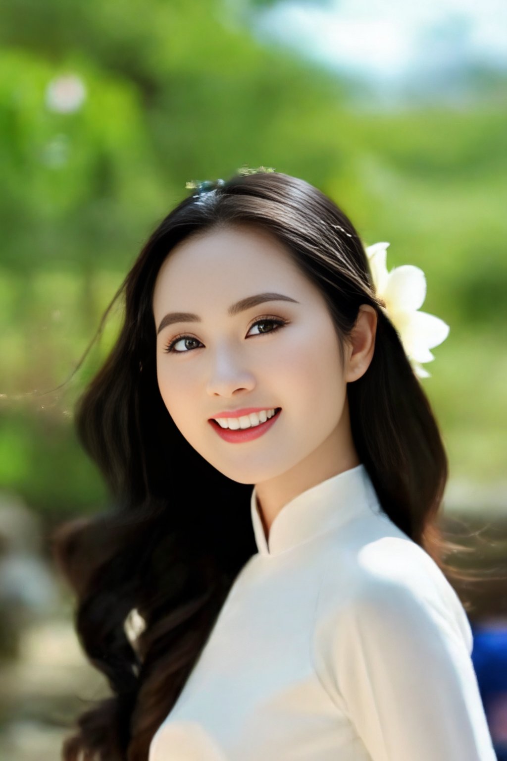 (Masterpiece, best quality, ultra realistic,32k, RAW photo, detail skin, 8k uhd, dslr, high quality, film grain:1.5),1girl, white ao dai, pants, long hair, looking at viewer, smile, black hair, long sleeves, dress, jewelry, standing, flower, earrings, outdoors, white dress, blurry, black eyes, blurry background, realistic, 16mm film live soft color