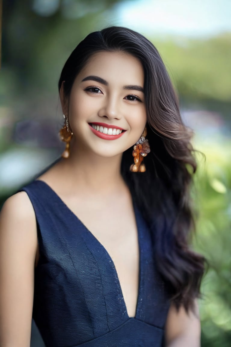 (Masterpiece, best quality, ultra realistic,32k, RAW photo, detail skin, 8k uhd, dslr, high quality, film grain:1.5),1girl, long hair, looking at viewer, smile, black hair, dress, jewelry, standing, flower, earrings, outdoors, blurry, black eyes, blurry background, realistic, 35mm film