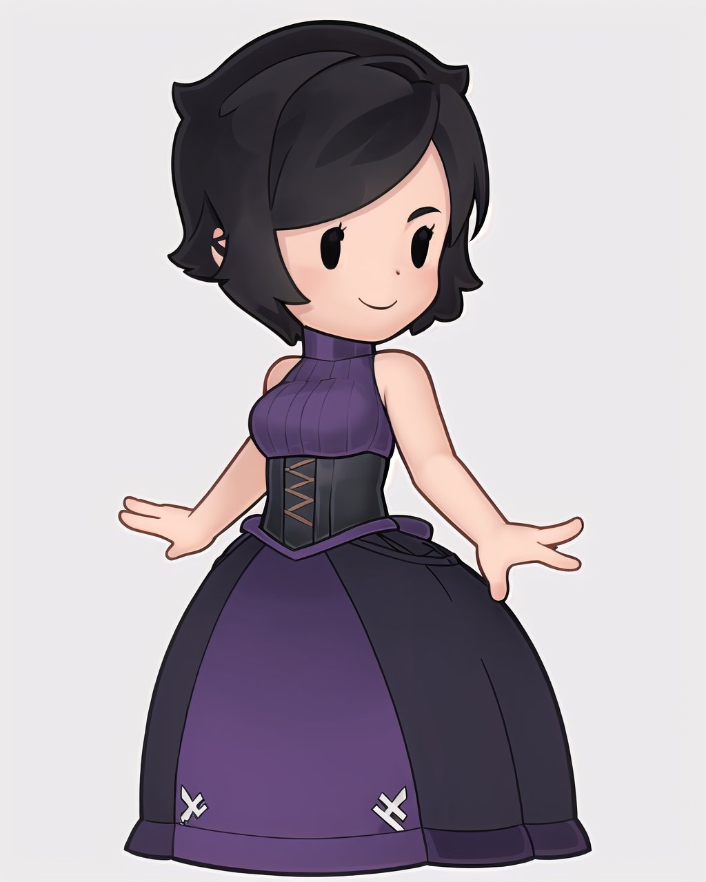 solo, 1girl, purple dress, corset, sleeveless, bare arms, turtleneck, light smile, short hair, black hair, black eyes, chibi, simple background, black background, full body, standing