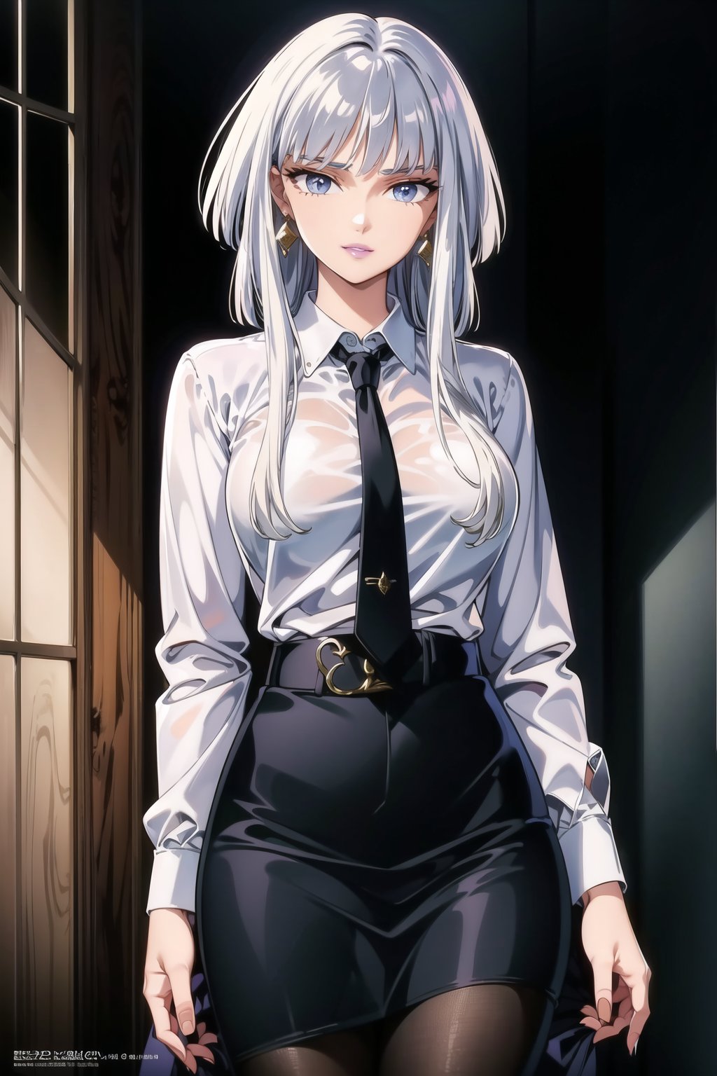 ((best quality)), ((highly detailed)), masterpiece, ((official art)),hilda, white hair, long hair, blue eyes, makeup, (seductive smile), (closed mouth), (lips:1.2), purple lips, lipstick,(high-waist skirt:1.2),(black skirt:1.2),(black necktie:1.1),(seductive smile),(closed mouth),(lips:1.2),jewelry, wristwatch, skirt, solo, (cowboy shot:1.2),standing, pencil skirt,  belt, (earrings:1.1), collared shirt, (office lady),(white shirt:1.2),(formal:1.1), shirt tucked in, (skirt suit),black pantyhose, dress shirt, intricately detailed, hyperdetailed, blurry background,depth of field, best quality, masterpiece, intricate details, tonemapping, sharp focus, hyper detailed, trending on Artstation,1 girl, high res, official art,hilda