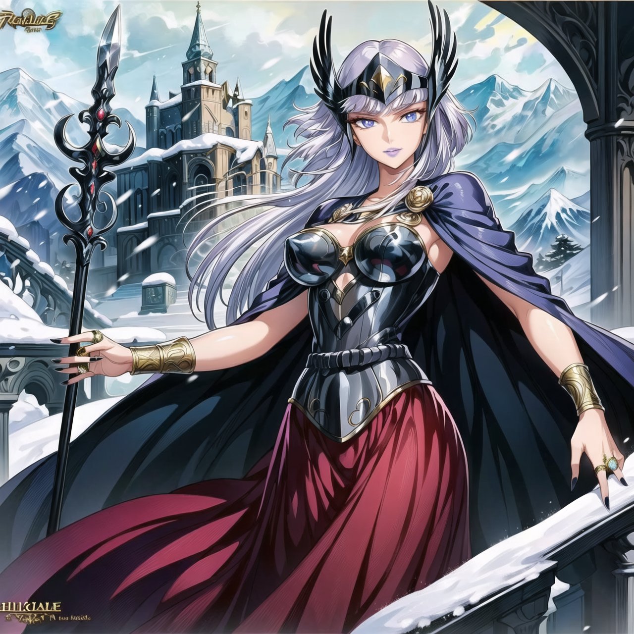 ((best quality)), ((highly detailed)), masterpiece, ((official art)), (cowboy shot), hilda, white hair, long hair, blue eyes, makeup, (seductive smile),(closed mouth),(lips:1.2), purple lips, lipstick,pose, sparkle, rose, polearm, staff, spear, blue rose,cape, armor, bracelet, ring, glowing, lipstick, purple nails, jewelry, long skirt, red skirt,dress, helmet,  valkyrie ,best quality, masterpiece, intricate details, scenary, indoors, balcony  castle , ice, mountain, snow, falling_snow, trending on Artstation