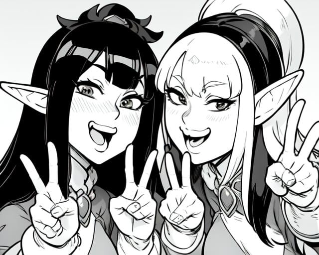 <lora:BaalBuddyV1.1:0.8>, greyscale,two elf women laughing and doing the double v peace sign