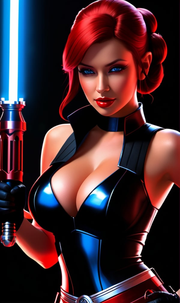 a woman in a star wars costume holding a light saber, inspired by Marek Okon, fantasy art, detailed glowing red implants, rendered in sfm, pinup. lord of daggers, red and black costume!!!, red and blue back light, high detail iconic character, darth jar jar binks, rendered in 32k huhd, the blade dancer