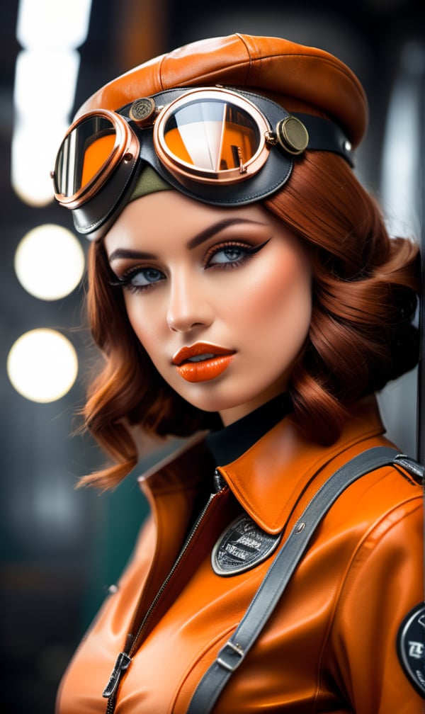  (((Ultra detailed, beautiful face, Megapixel))) Craft a gritty and retro-futuristic photo realistic image of a character named Valentina, channeling the essence of the dieselpunk genre. Valentina's piercing (steel gray) eyes convey a sense of steely determination and resilience. Her hair is styled in victory rolls, reflecting the vintage influence of the era, while a vibrant (copper orange) hue adds a modern twist. She wears a tailored jumpsuit made from sturdy, olive green canvas fabric, adorned with military-inspired patches and brass buttons, embodying the utilitarian aesthetic of dieselpunk. Leather aviator goggles rest atop her forehead, ready for action and adventure. Against a backdrop of industrial factories and smoky cityscapes, Valentina's presence evokes a sense of nostalgia and futuristic grit. With your camera, a high-resolution DSLR paired with a portrait lens, you will capture the raw energy and dieselpunk aesthetic radiating from Valentina.