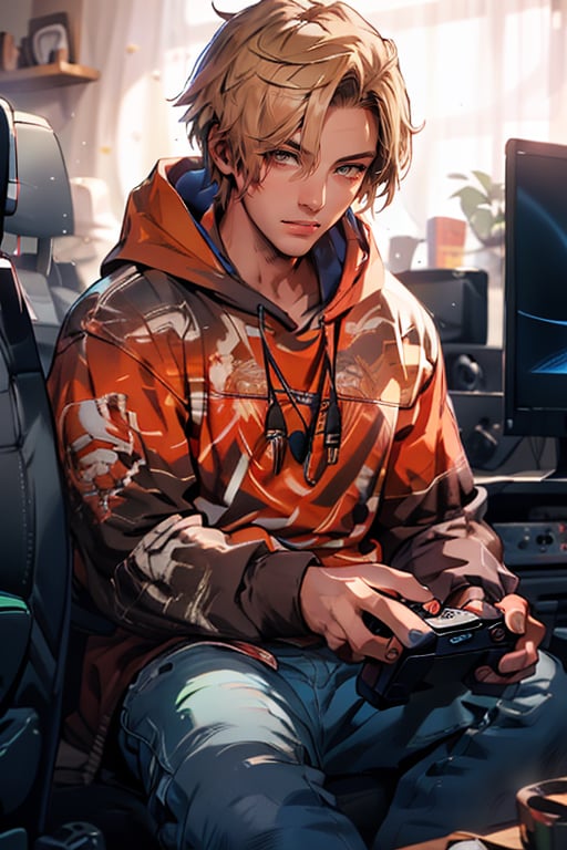 niji,1boy,gaming,hoodie,console,screen,(masterpiece,detailed,best quality,detailed face,detailed eyes,HD)